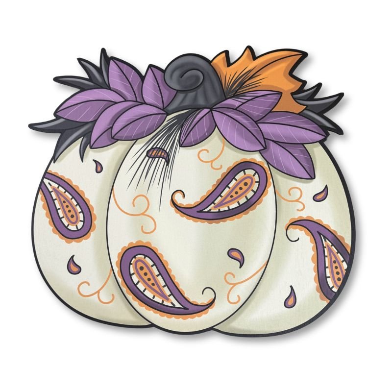 Elegant Paisley Pumpkin Door Hanger with purple leaves and vibrant fall design. Perfect for front doors, walls, or porch decor.