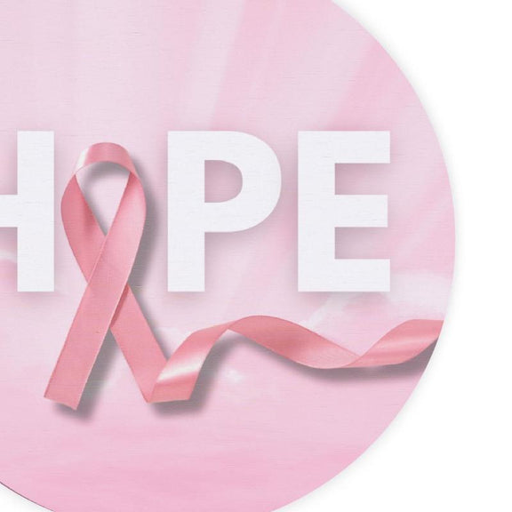 Decorative sign commemorating Breast Cancer Awareness Month with pink ribbon design