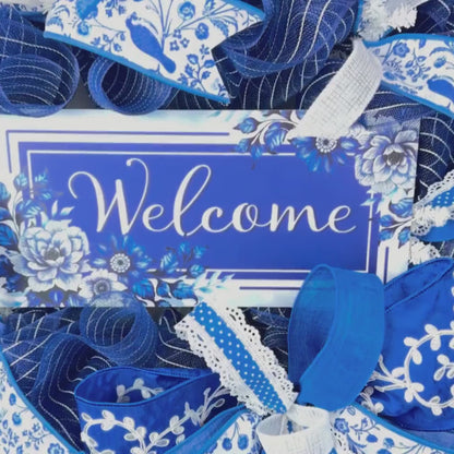 Chinoiserie Welcome Wreath, Blue and White Ribbon Wreath, Front Door Decor, Mesh Designer Wreath, Handmade Year-Round Wreath