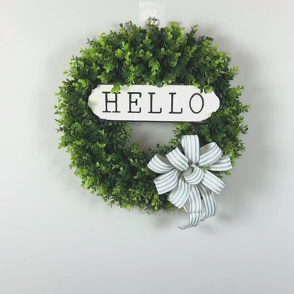 Boxwood Wreath with Hello Sign, Farmhouse Greenery Wreath, Front Door Wreath with Bow, Artificial Boxwood Wreath, Year-Round Porch Decor