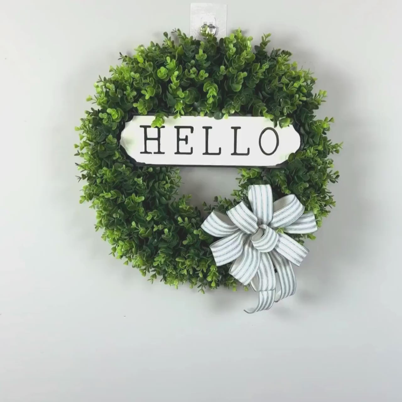 Boxwood Wreath with Hello Sign, Farmhouse Greenery Wreath, Front Door Wreath with Bow, Artificial Boxwood Wreath, Year-Round Porch Decor