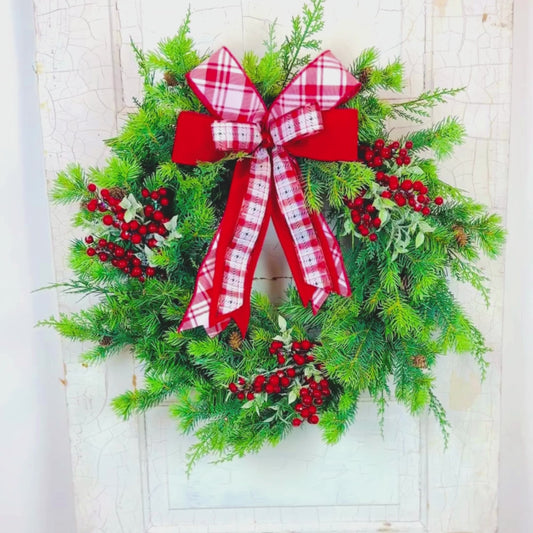 Holiday Berry Pine Wreath – Red Bow Christmas Door Decor