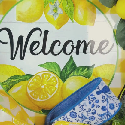 Lemon Welcome Wreath for Front Door, Summer Door Decor with Blue Yellow Bow, Lemon Wreath, Spring Wreath, Farmhouse Porch Decor