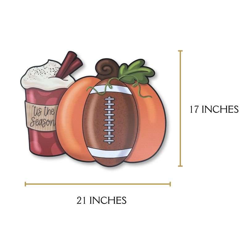 Dimensions of the Pumpkin Football Door Hanger – 21 inches wide and 17 inches tall. Made from durable birch wood, perfect for both indoor and outdoor seasonal decor.