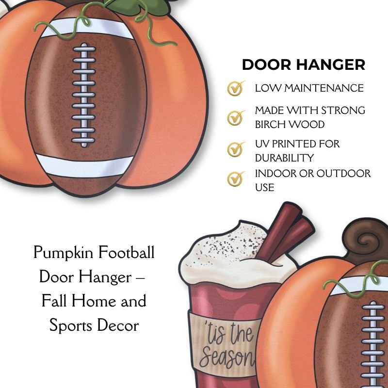 Features of the Pumpkin Football Wood Door Hanger – Durable birch wood, UV-printed design, low-maintenance fall decor for indoor or outdoor use, combining pumpkin and sports themes.