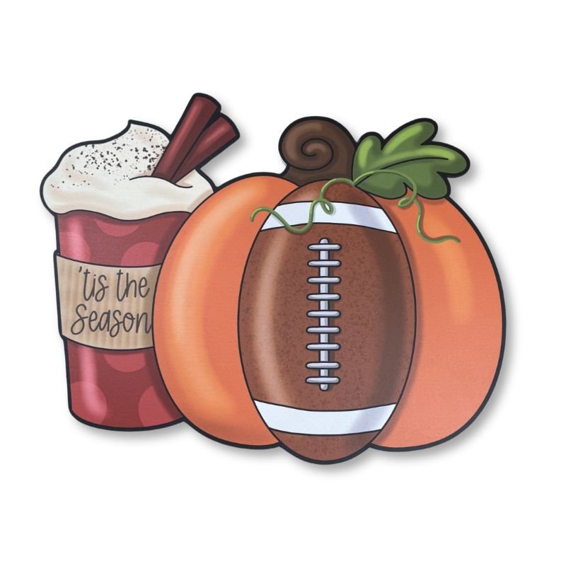 Pumpkin Football Wooden Door Hanger – Fall-themed home decor featuring a pumpkin, football, and seasonal latte design. Perfect for rustic or sports-inspired fall entryway decor.