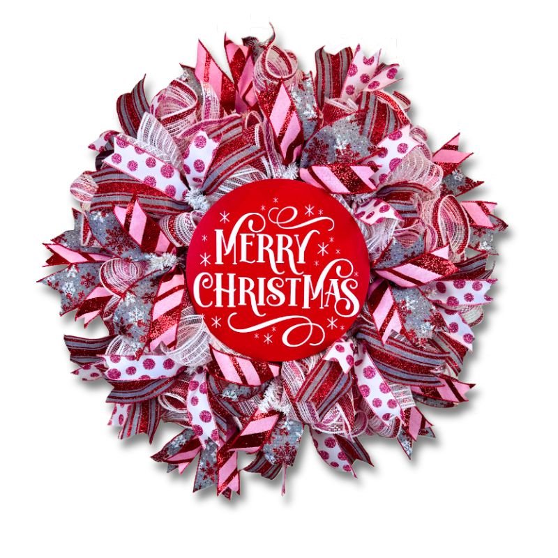 Vibrant red and white Christmas wreath with glittered accents and a "Merry Christmas" centerpiece, perfect for indoor or outdoor holiday decorations.