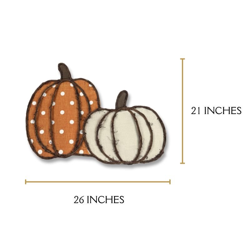 Measurements of the Rustic Pumpkin Door Hanger showing 26 inches wide and 21 inches tall. Ideal for adding fall charm to doors, walls, or porch signs.