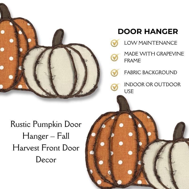 Close-up of Rustic Pumpkin Door Hanger highlighting a grapevine frame, orange polka dot pumpkin, and beige pumpkin design for indoor or outdoor use.