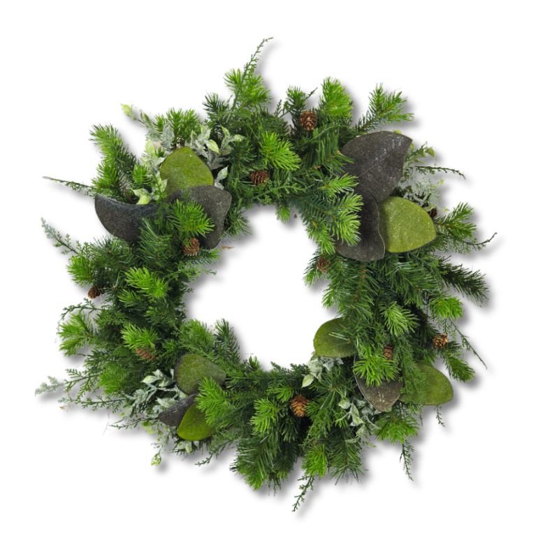 A rustic winter wreath with realistic green foliage and pinecones, perfect for adding charm to your front door this winter.