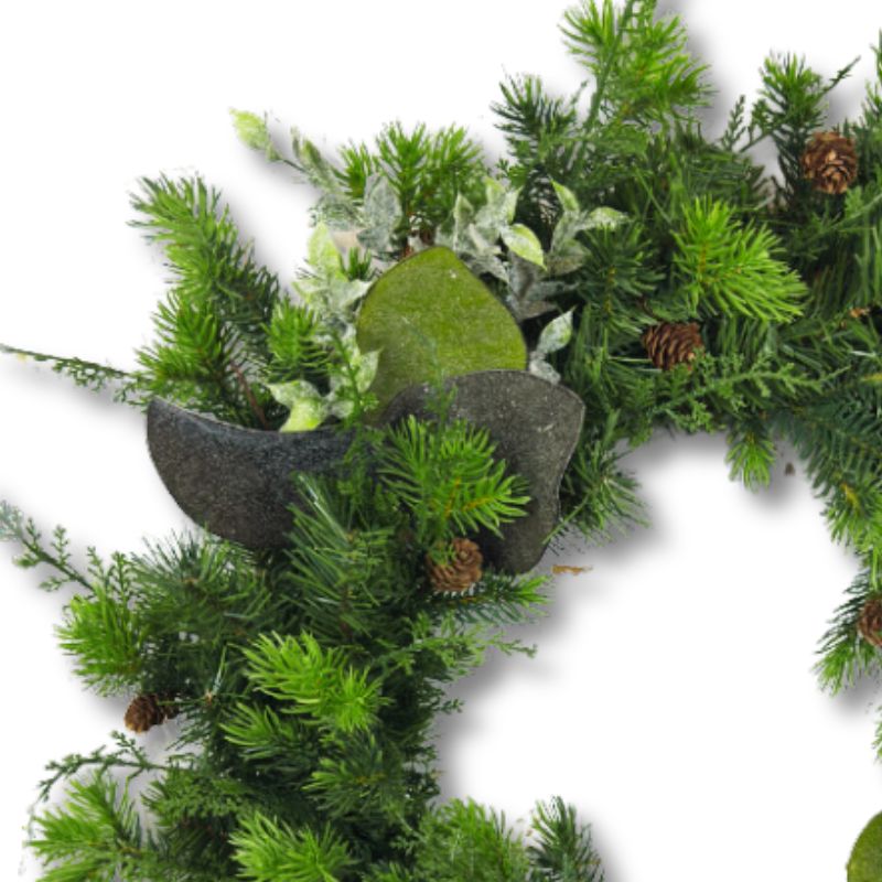 Rustic winter wreath with natural evergreen branches, pinecones, and leaves, ideal for front door, wall, or mantle decoration