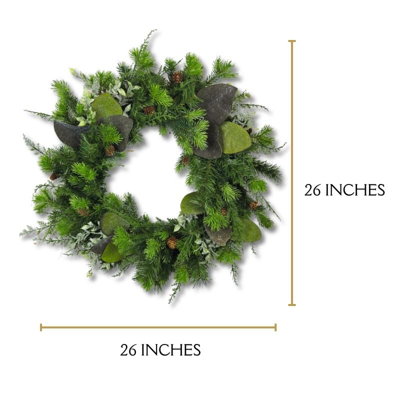 26-inch rustic winter wreath with lifelike pine greenery and pinecones, ideal for winter decor on front doors, mantles.