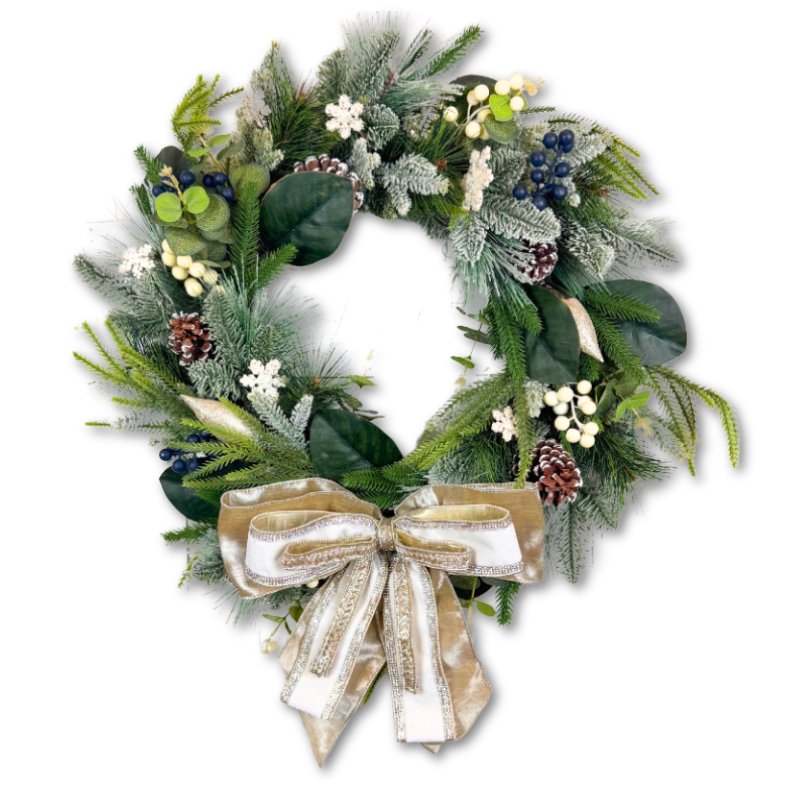 26-inch lifelike winter wreath featuring lush evergreen foliage, pinecones, berries, and a gold bow, perfect for front door or holiday decor.