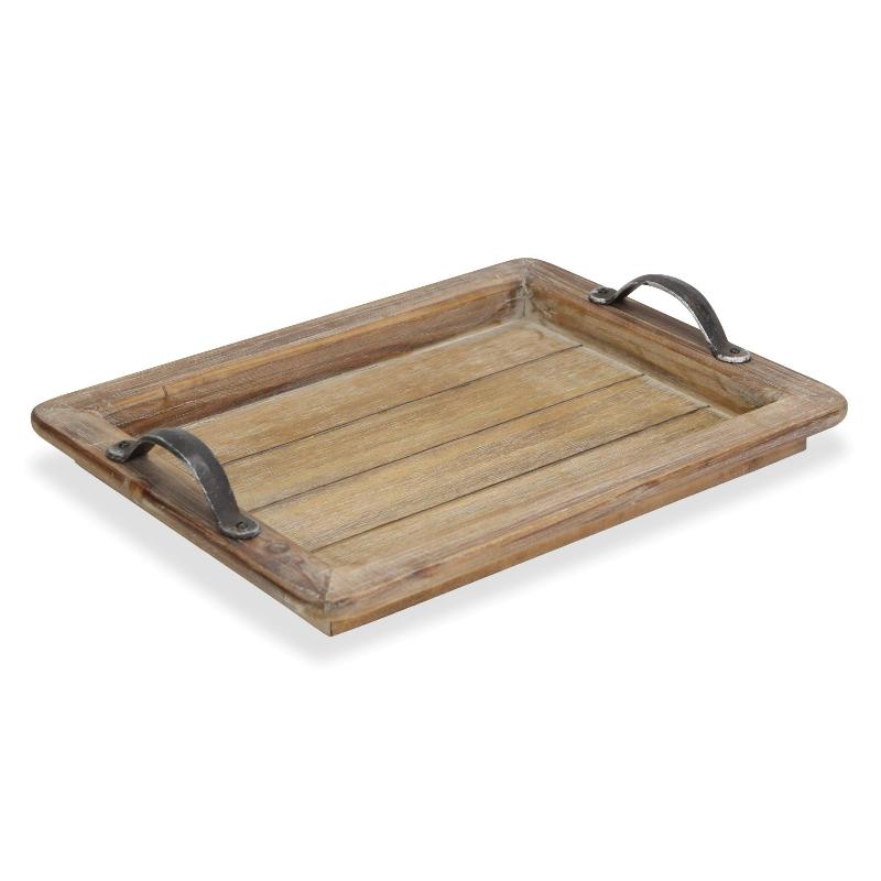 Rustic Wooden Paneled Serving Tray with Metal Handles – Home Decor