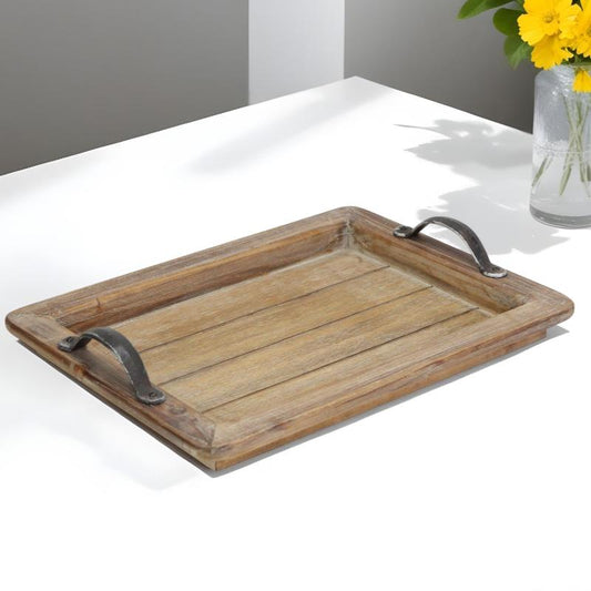 Rustic Wooden Paneled Serving Tray with Metal Handles – Home Decor