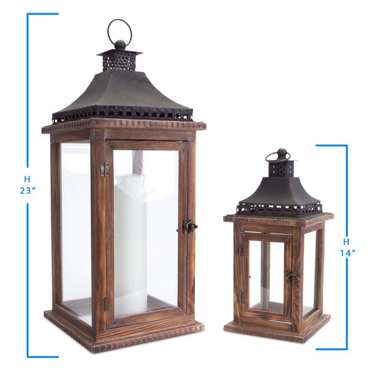 Set of 2 Rustic Lantern Candle Holders – Wood & Metal Decor