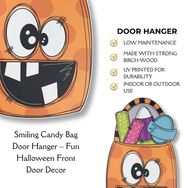 Close-up view of the Smiling Candy Bag Door Hanger with colorful candies, showcasing UV-printed durability and vibrant fall decor appeal.