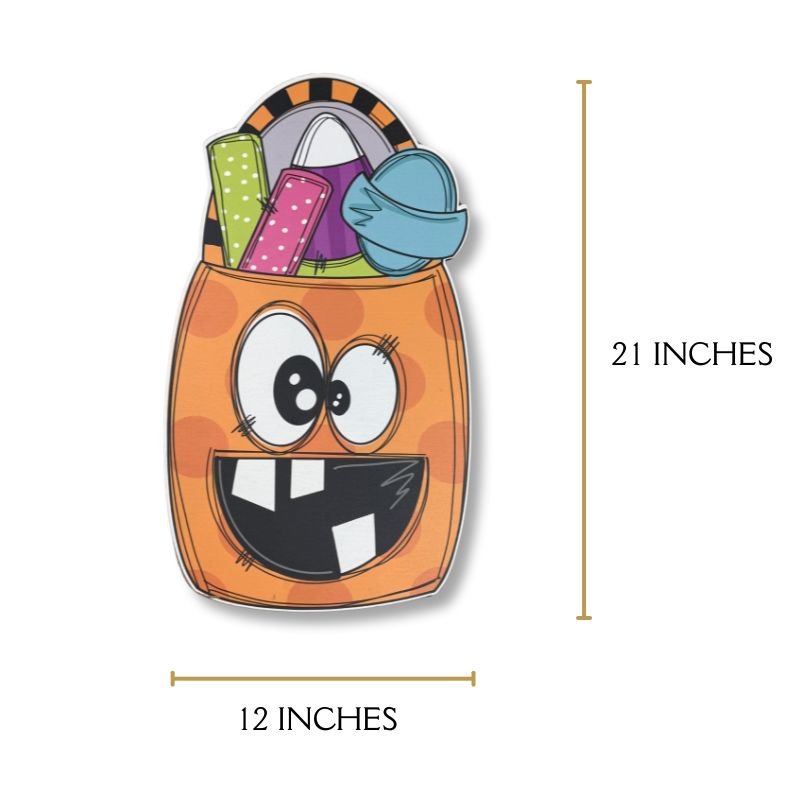 Dimensions of the Smiling Candy Bag Door Hanger: 21 inches tall by 12 inches wide, crafted for Halloween decor.