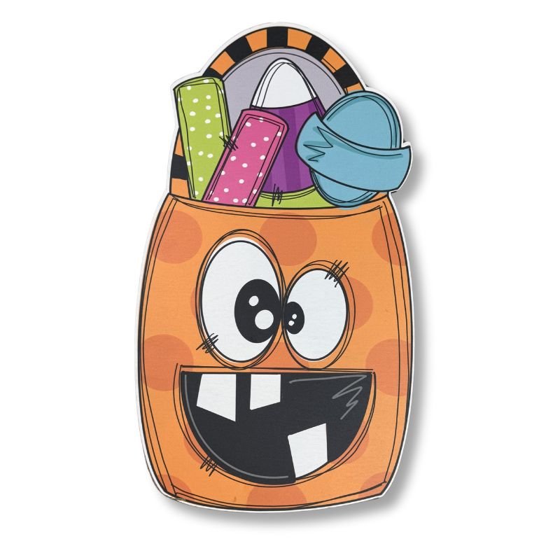 A Smiling Candy Bag Door Hanger featuring vibrant Halloween colors, perfect for decorating front doors or walls, made from durable birch wood.