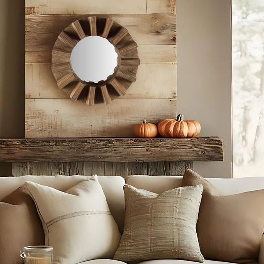 Sprocket 17 - Inch Round Wall Mirror – Walnut Finish Wood Frame, Industrial Rustic Home Decor