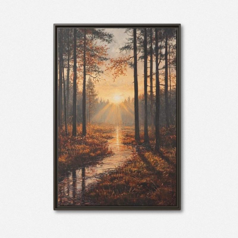 Sunlit Forest Stream Landscape Painting – Nature - Inspired Wall Art