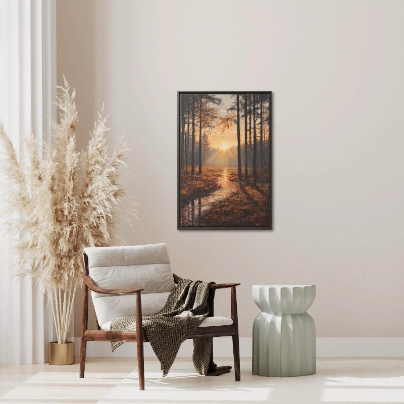 Sunlit Forest Stream Landscape Painting – Nature - Inspired Wall Art