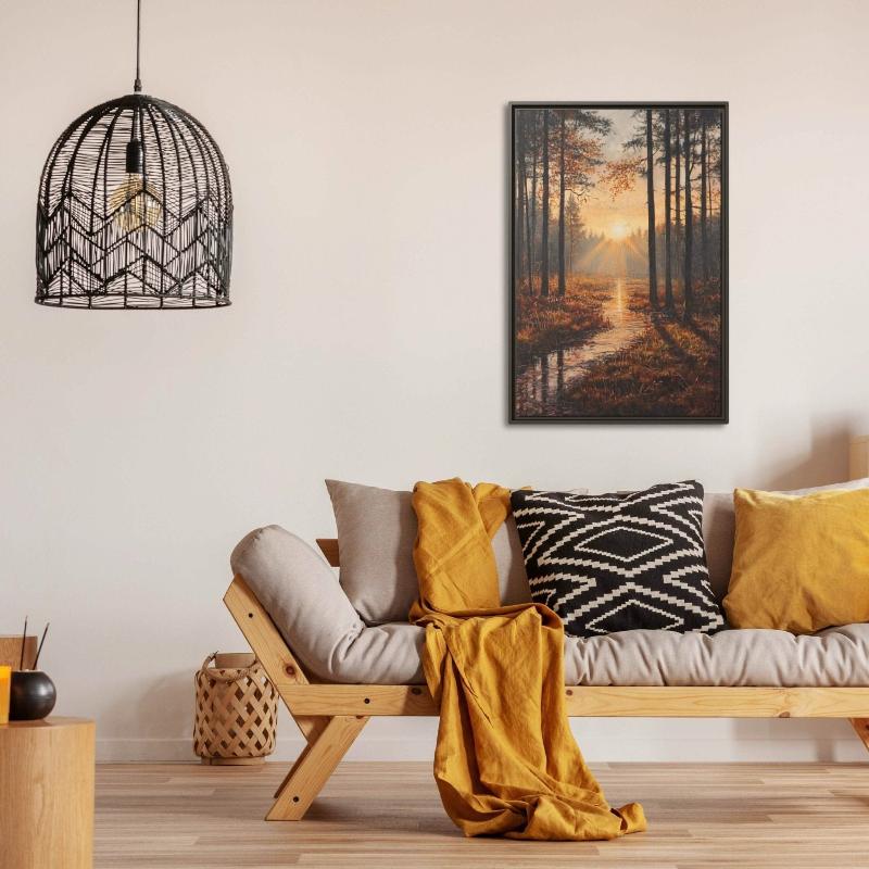 Sunlit Forest Stream Landscape Painting – Nature - Inspired Wall Art