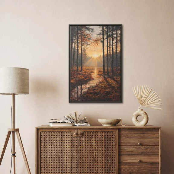 Sunlit Forest Stream Landscape Painting – Nature - Inspired Wall Art