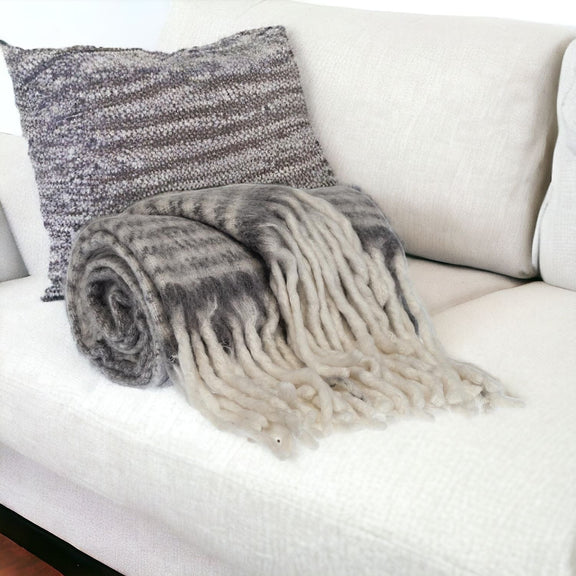 Super Soft Gray and White Chevron and Striped Handloomed Throw Blanket