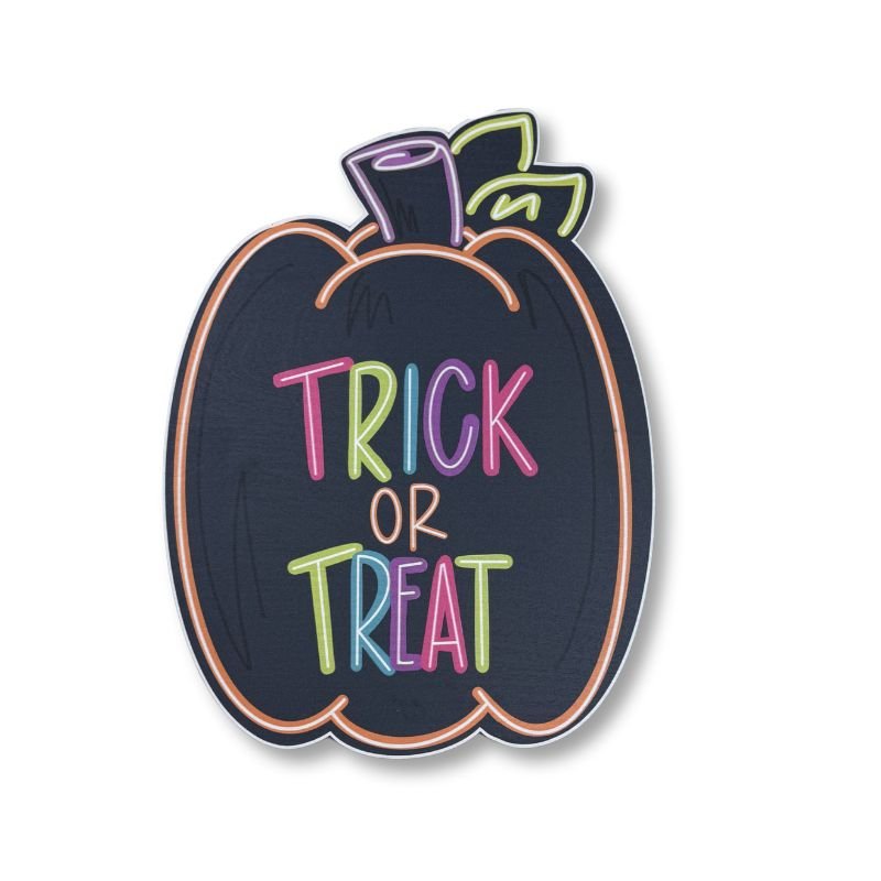 Close-up of a Trick or Treat Halloween Pumpkin Door Hanger, made from durable birch wood with UV-printed colors, perfect for festive indoor or outdoor use.