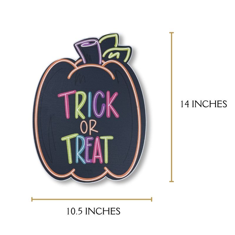 Detailed dimensions of Trick or Treat Halloween Pumpkin Door Hanger, measuring 14 inches high and 10.5 inches wide, ideal for any door or wall display.